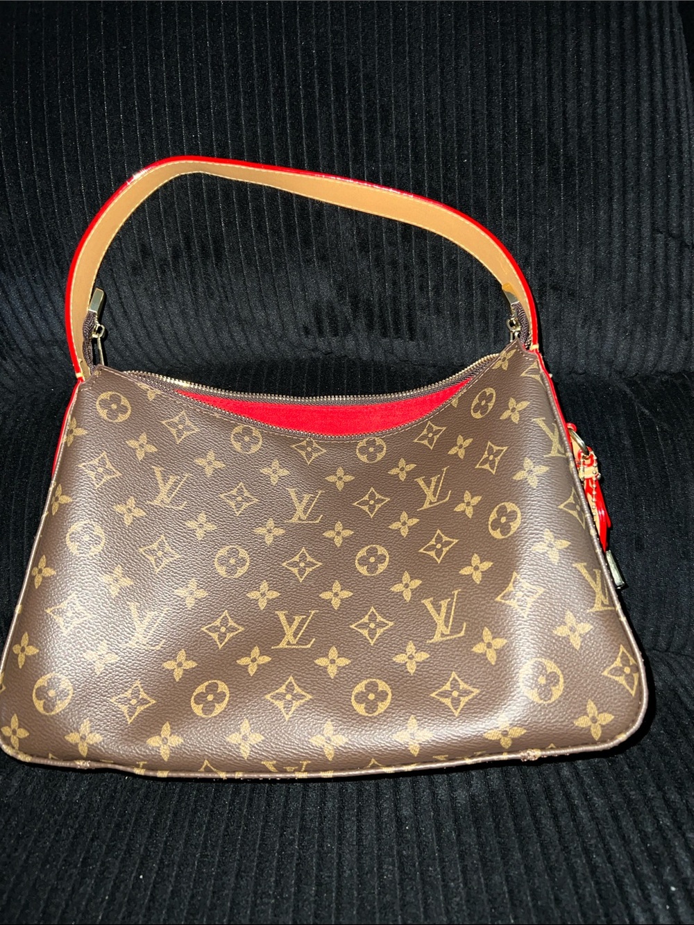Louis Vuitton Brown Monogram Shoulder Bag with Red Trim and Tan Handle